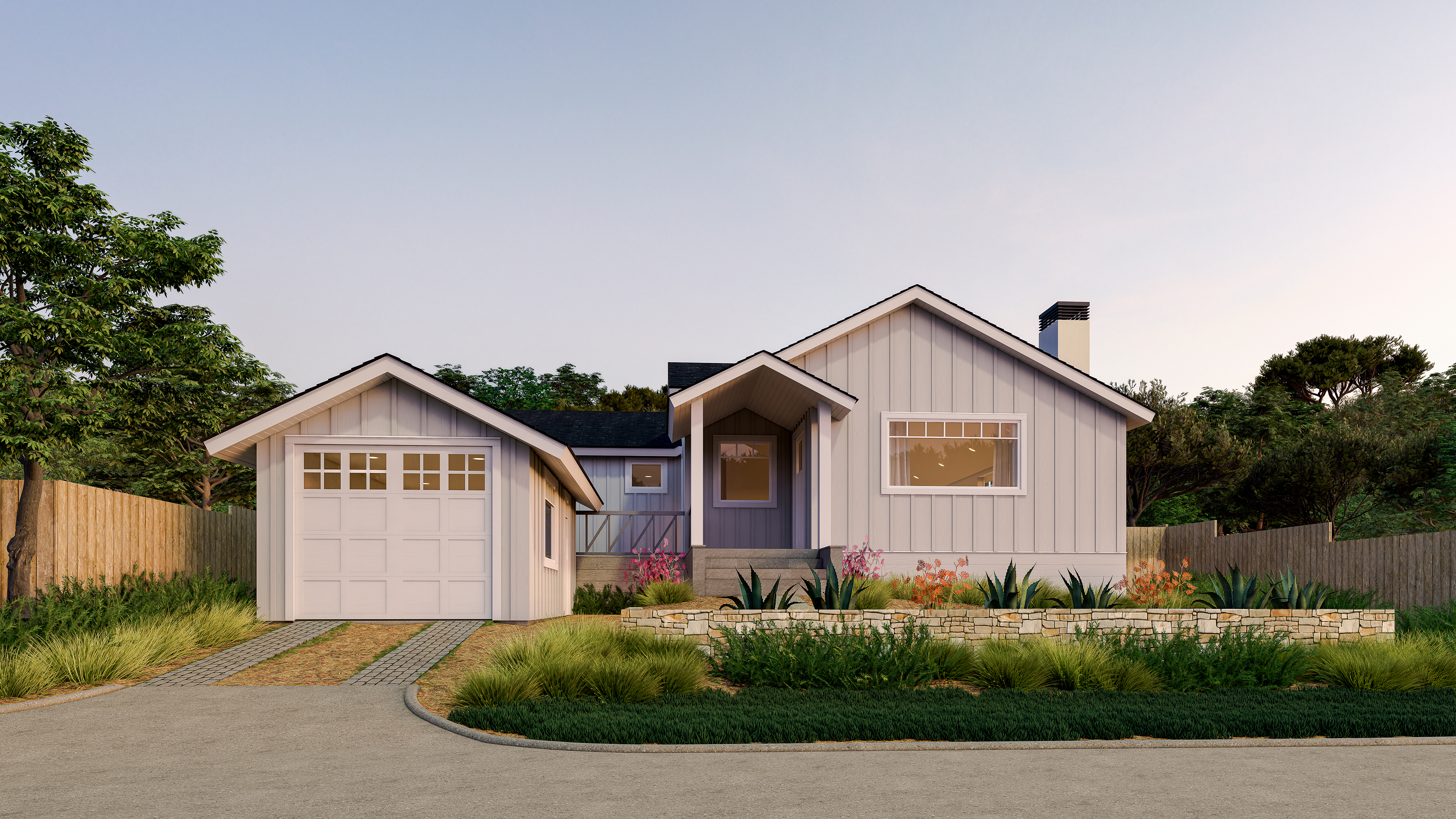 Carmel-by-the-Sea cottage-style home rendering at dusk with cedar siding and warm lighting.
