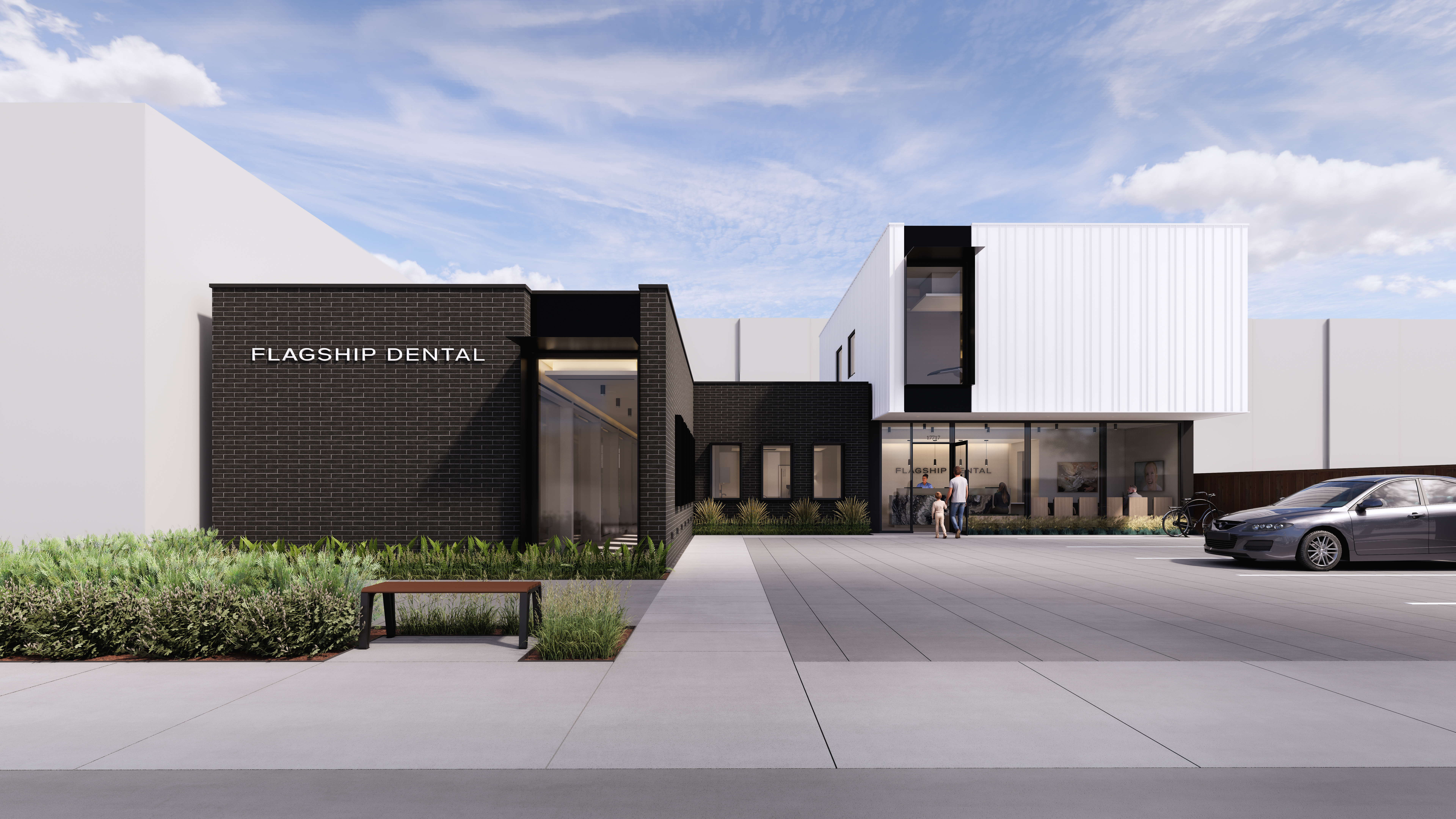 Modern dental office exterior rendering with glass façade and metal panels.