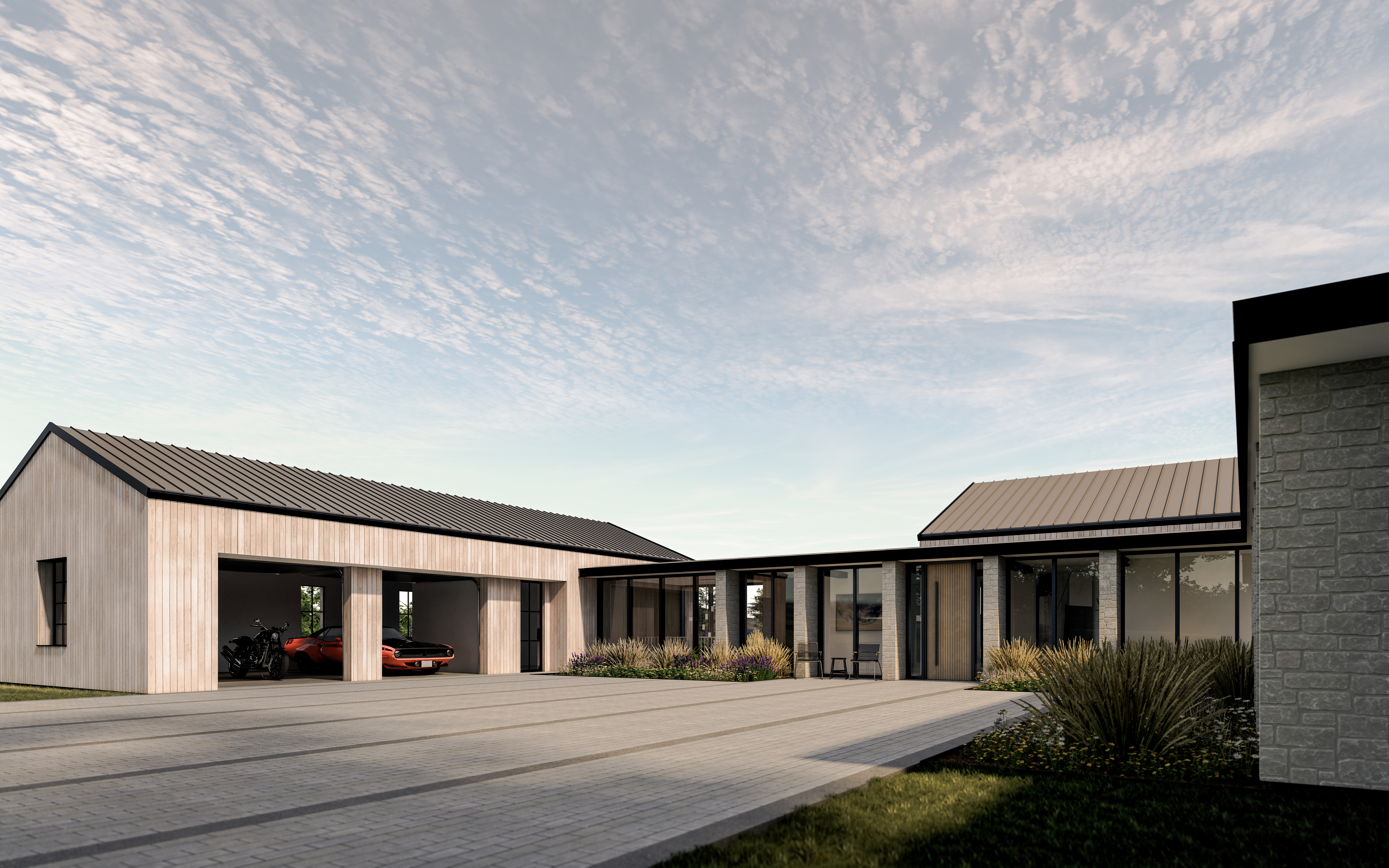 Contemporary residence front elevation rendering with neutral stucco and dark trim.