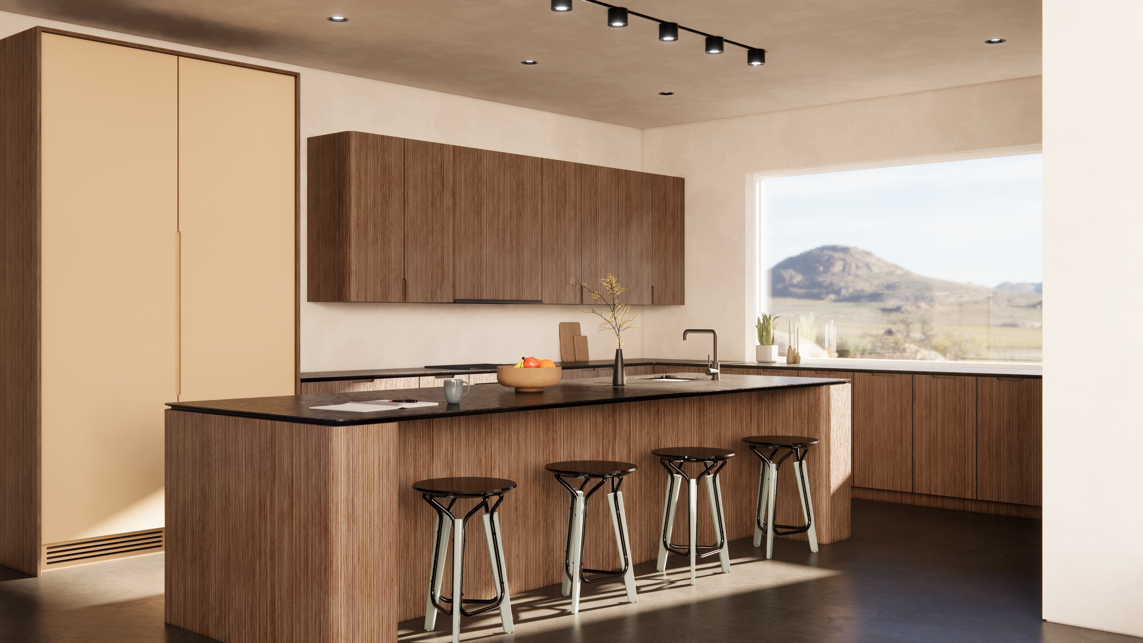 Interior rendering of a Joshua Tree kitchen with earth-tone cabinetry, modern lighting, and seating.