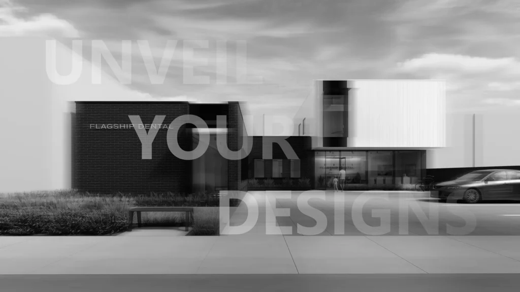 Black and white architectural rendering of a modern dental office in Surrey, British Columbia