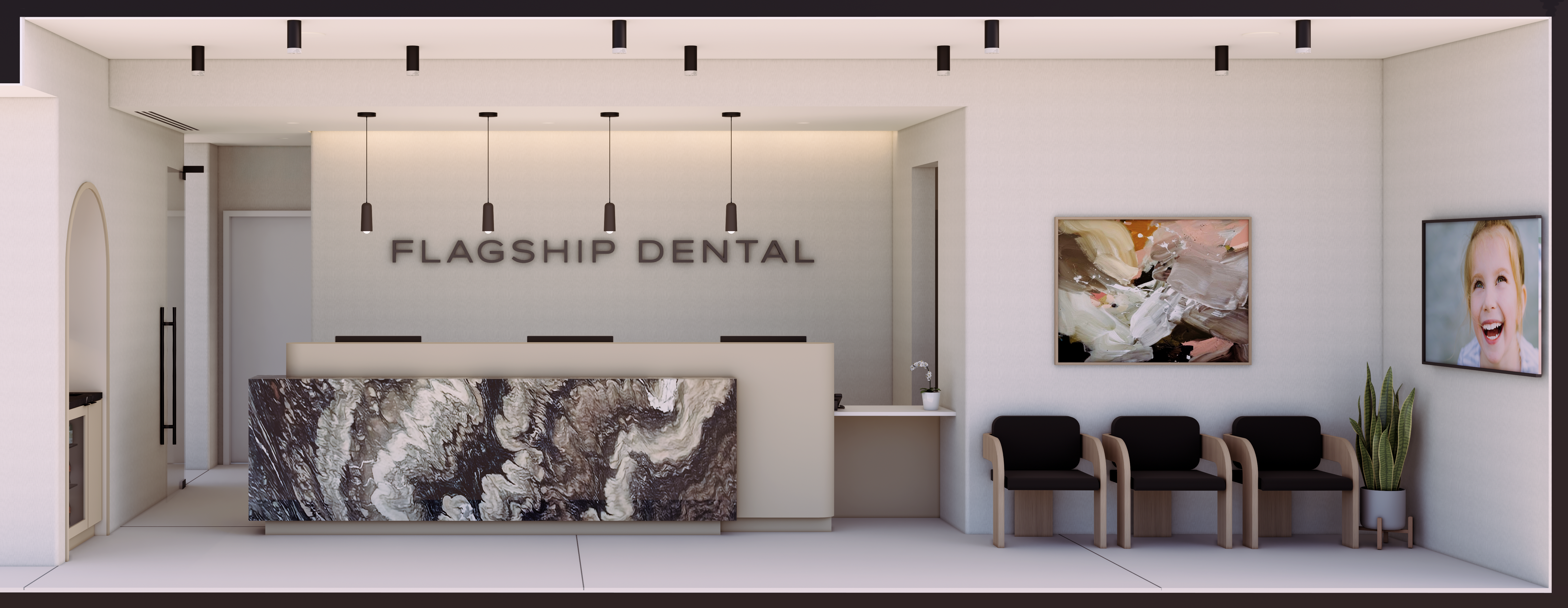 Architectural perspection rendering of a modern dental office in Surrey BC, showing the reception area.