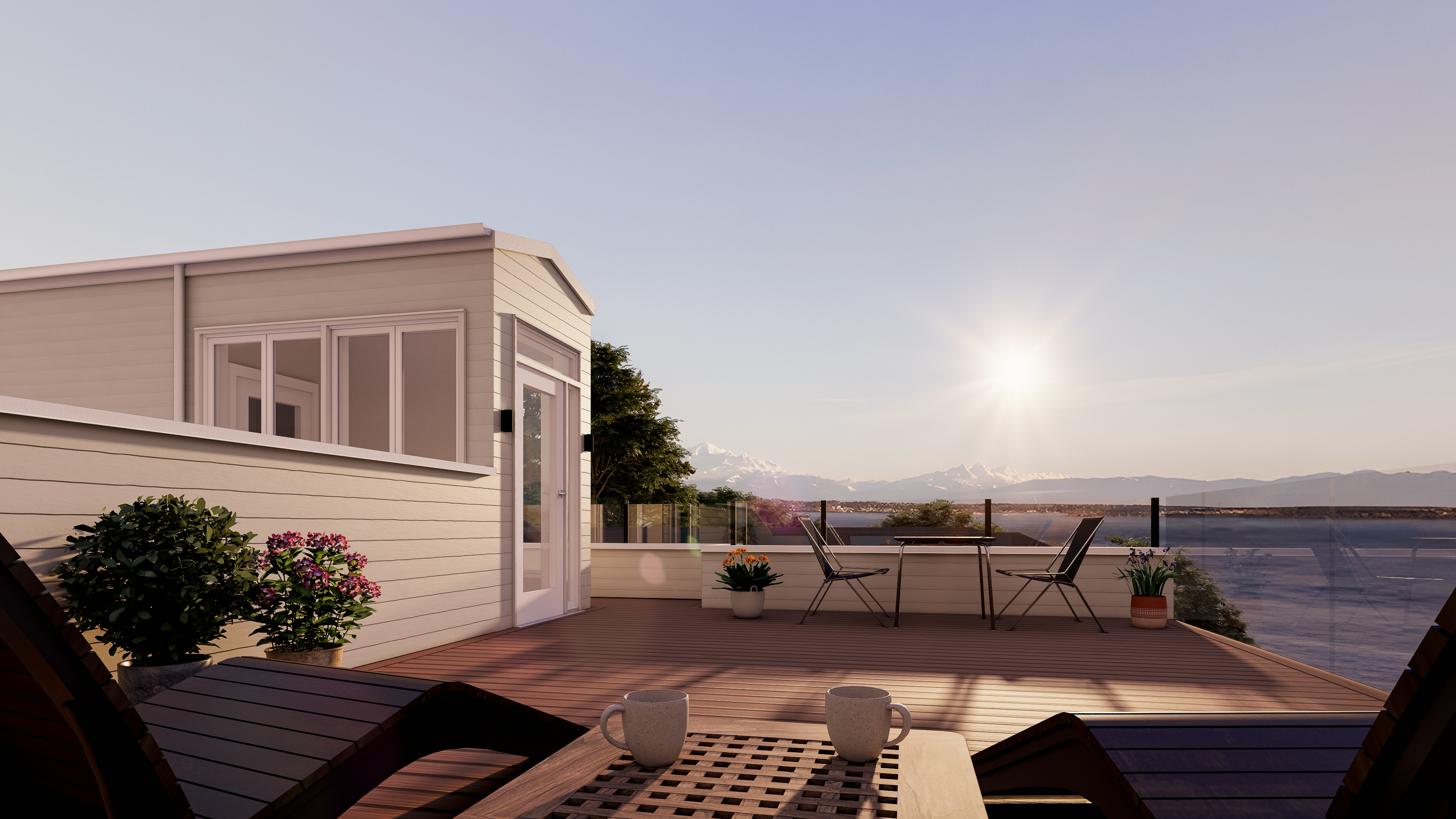 Architectural rendering of a patio overlooking White Rock BC, showing the elevator booth, patio furniture, and the view of the Pacific Ocean.
