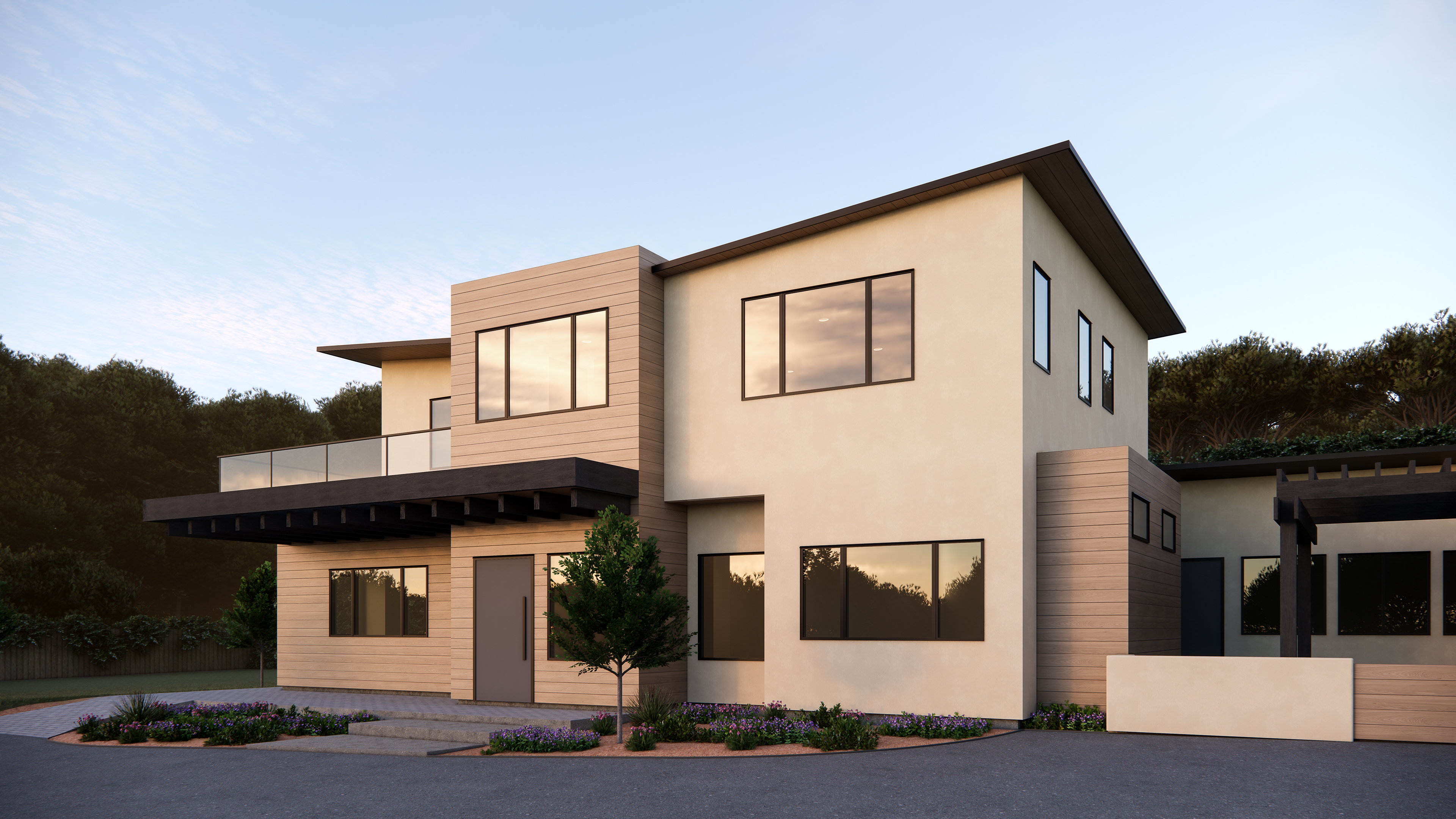 Architectural rendering of a contemporary renovation project in Pebble Beach California. showing the driveway, pergola, and modern building.