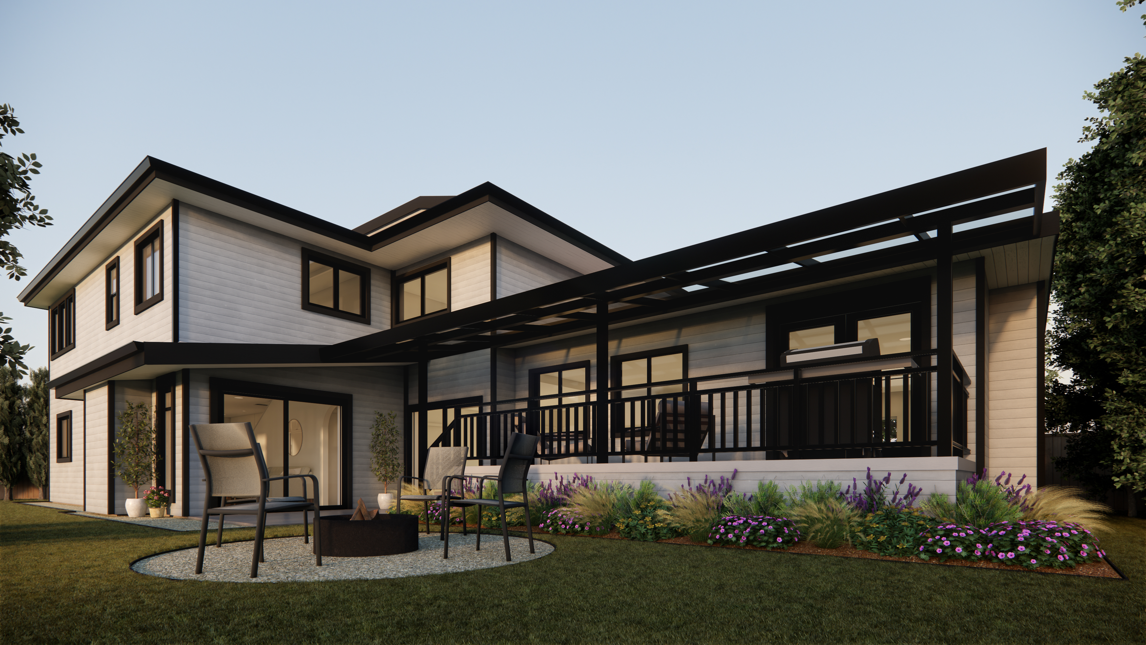Architectural rendering from the backyard of an addition project in Surrey BC, showing an rear deck and fire pit.