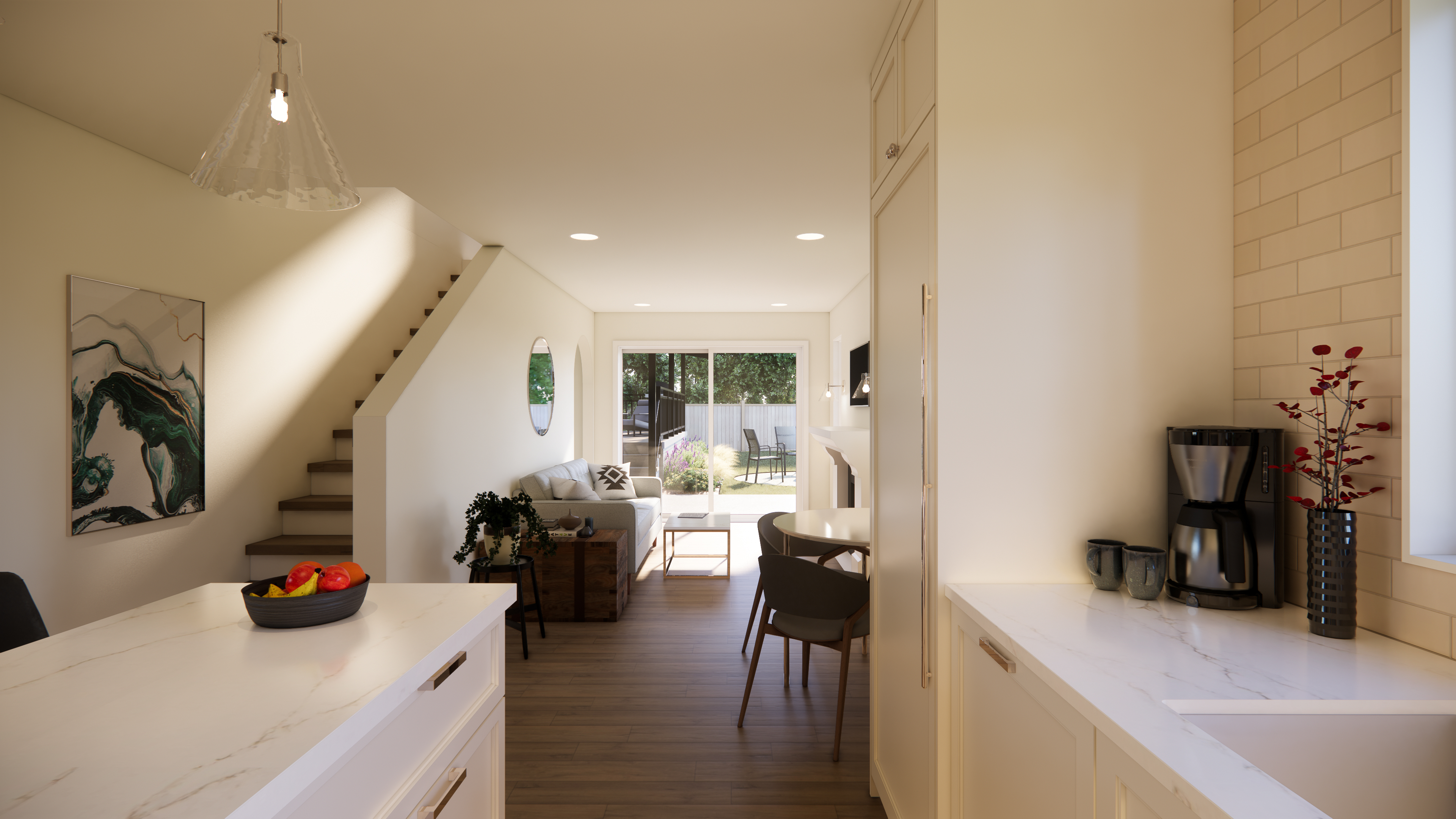 Architectural rendering of a modern kitchen in Surrey BC, showing the kitchen, stairs, cozy living room, and a peek of the backyard.