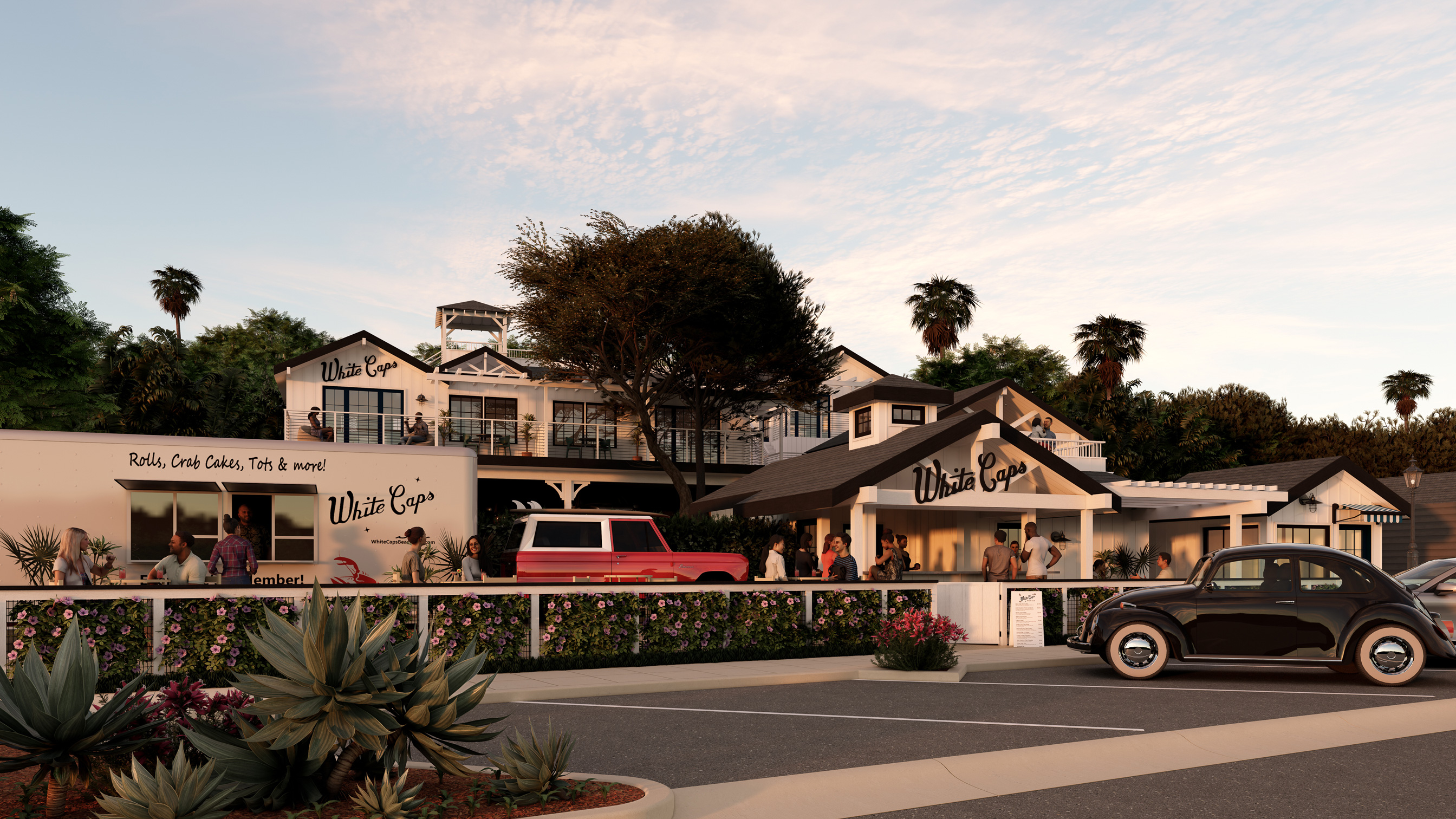 Side architectural rendering of White Caps coastal restaurant in Santa Barbara, guests by a food truck and classic cars at sunset.