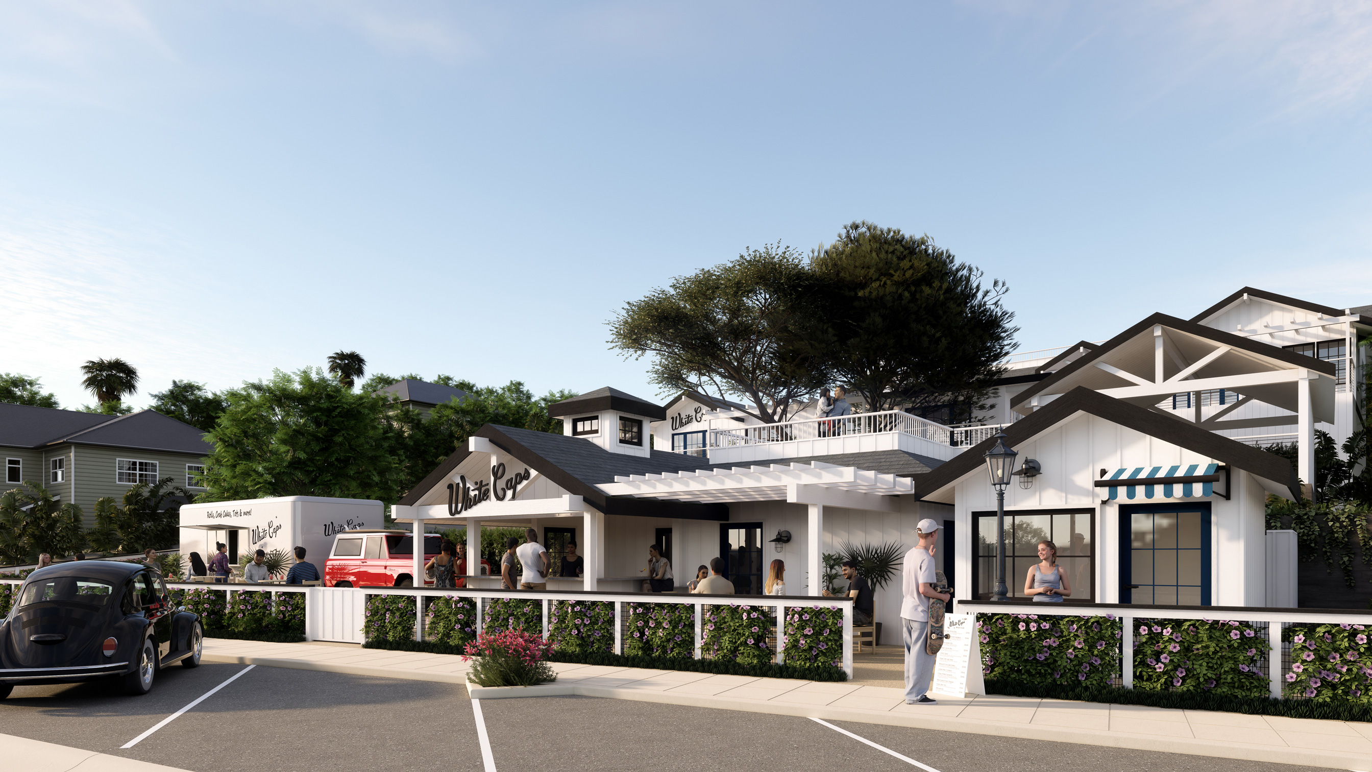 Daytime architectural rendering of White Caps coastal restaurant in Santa Barbara with guests near a food truck.