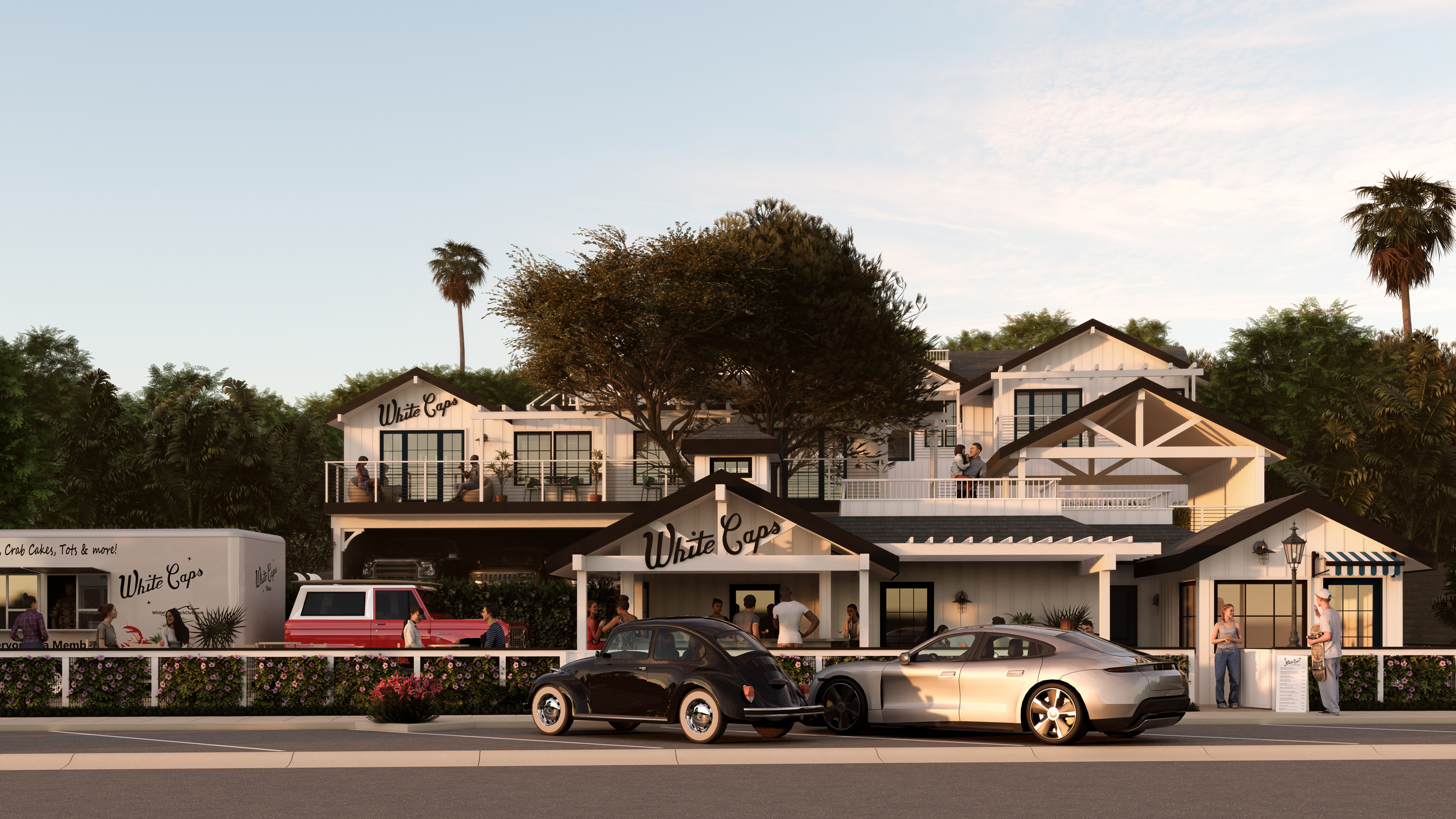 Front architectural rendering of White Caps coastal restaurant in Santa Barbara at sunset with classic cars and patio dining.